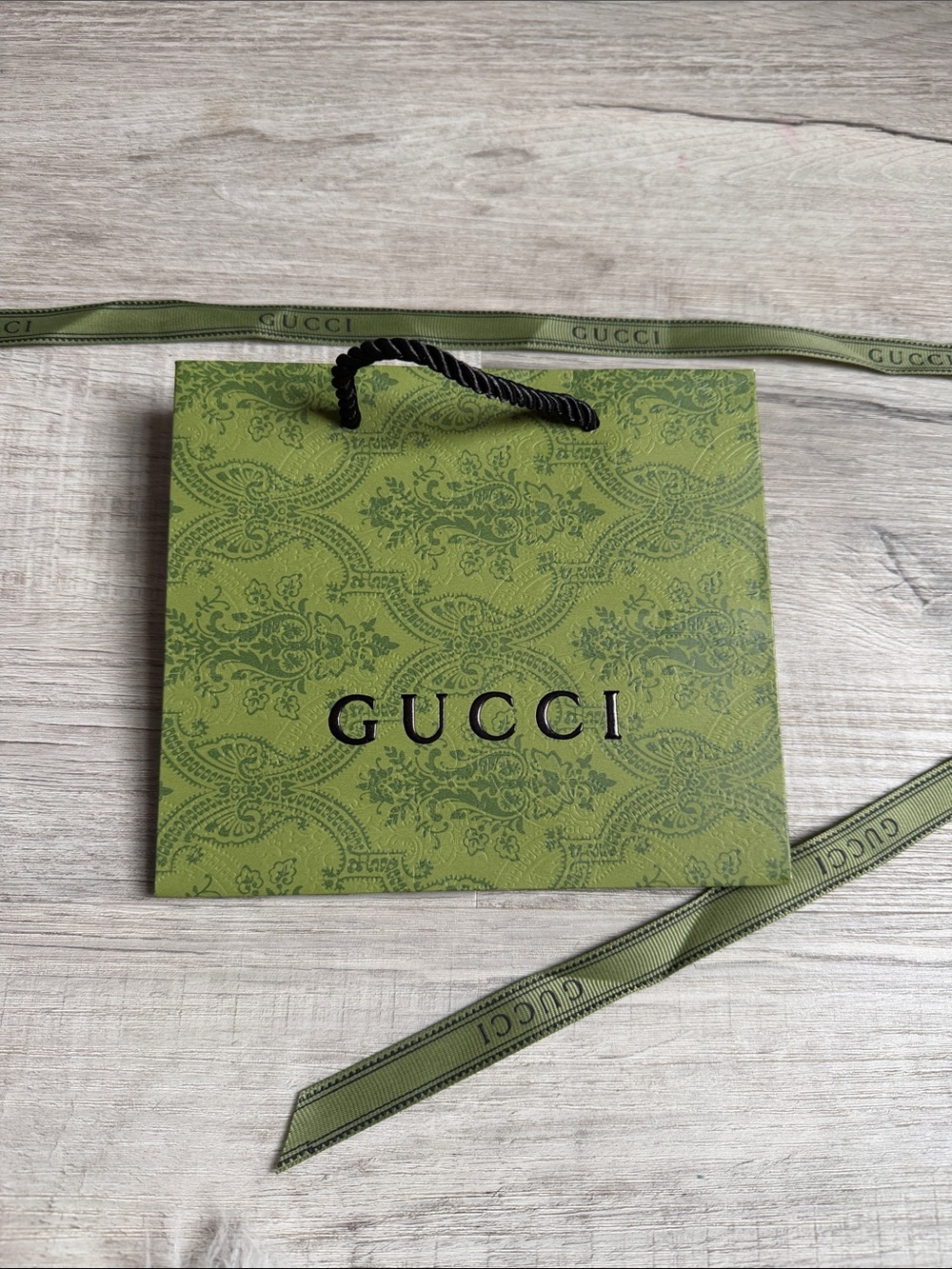 GUCCI green black embossed small gift bag striped ribbon